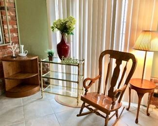 Ethan Allen rocker, Hollywood glass and brass cart, Frederick Cooper table lamp, corner cabinet
