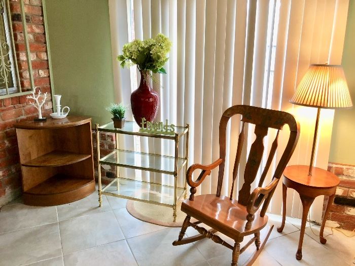 Ethan Allen rocker, Hollywood glass and brass cart, Frederick Cooper table lamp, corner cabinet