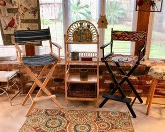 directors chairs, and wicker storage shelf