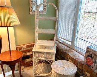wicker hamper, shelf and night table