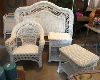 Wicker bedroom set, chair arm slight damage , rest in great shape, queen size headboard