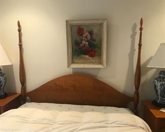 Eldred Wheeler tiger maple canopy bed w/2 bedside tables