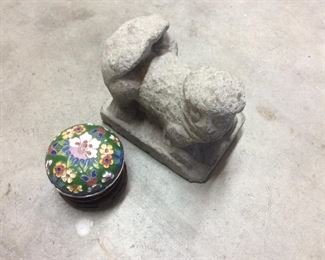 Foo dog in cement-smaller size, small cloisonné box