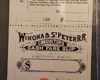 Antique Winona & St. Peter Railroad Conductors Cash Fare Slip
