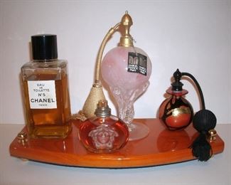 RARE CHANEL TOILETTE PERFUME 400ml. VINTAGE FRANCK MARCEL PERFUME BOTTLE. VERSACE BLONDE PERFUME. MARY GREGOR ARTGLASS PERFUME BOTTLE.