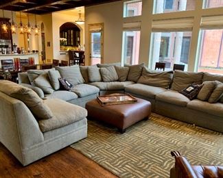 Sectional, Contemporary Basket Weave Rug and Leather Ottoman