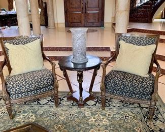Pair of Upholstered Arm Chairs, Neoclassical Side Table & American Brilliant Umbrella Stand