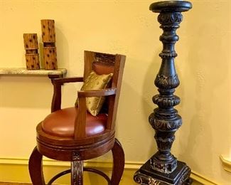 Pair of Oversized Candle Stands and Leather Counter Stools