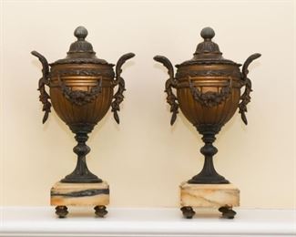 Antique 19th C. Gilt Bronze Covered Urns on Square Marble Plinths