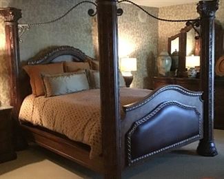 Four Poster Cal-King Bed wood/Iron Bed with Nailhead accents, Also available nightstand dresser with mirror & armoire