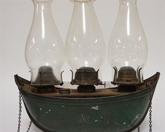 1001 TIN BOAT SHAPED TRIPLE HANGING LAMP. MARKED CHICAGO WITH 1870 PATENT DATE. 14 IN WIDE