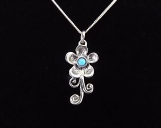 .925 Sterling Silver Oval Cabochon Flower Pendant Necklace
