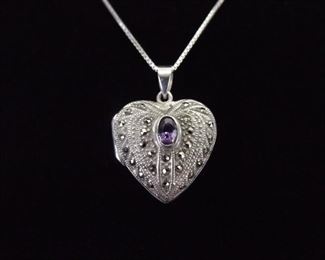 .925 Sterling Silver Art Nouveau Oval Cut Amethyst Heart Locket Necklace
