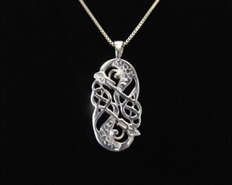 .925 Sterling Silver Art Nouveau Artisan Shield Pendant Necklace
