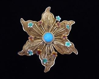 .925 Sterling Silver Filigree Flower Turquoise Cabochon Brooch
