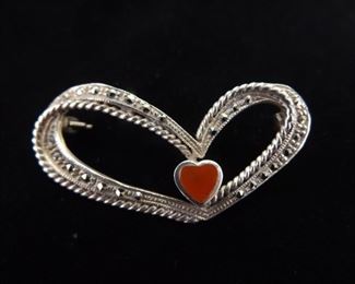 .925 Sterling Silver Art Nouveau Heart Brooch
