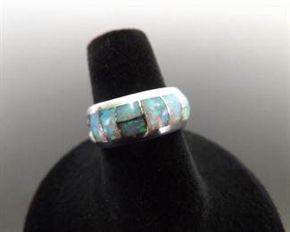 .925 Sterling Silver Inlayed Australian Opal Ring Size 6.5
