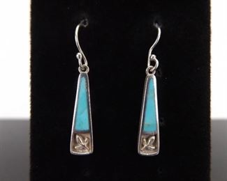 .925 Sterling Silver Inlayed Turquoise Hook Dangle Earrings
