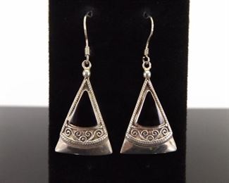 .925 Sterling Silver Inlayed Onyx Hook Dangle Earrings
