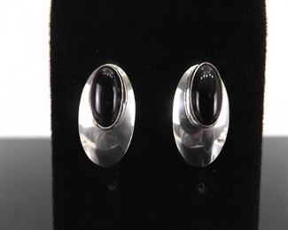.925 Sterling Silver Black Onyx Cabochon Post Earrings
