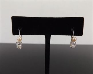 .925 Sterling Silver Pearl Crystal Hook Earrings
