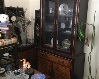 Vintage China cabinet FREE PLANTS. Rugs. Bar ware. Crystal glasses. Bowls platters. 