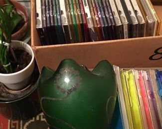 Cassettes Records CD's Green glass vase