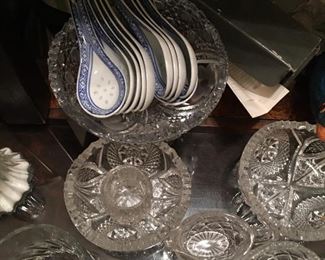 Crystal salters, serving, dessert bowls Chinese spoons