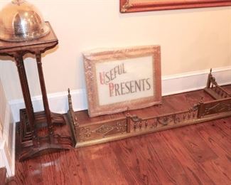 Side Table, Covered Dish, Fireplace Fender and Wall Sign