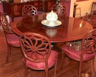 Unique 60” Round Banded Dining Room Table with 8 Antique Chairs