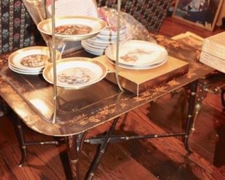 Stenciled Table with Decorative Plates and Stand