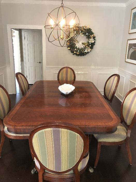 Henredon “Ashton Court” Dining table - 3 leaves.   $800.00    Set of 8 Bernhardt dining chairs with silk upholstery  $900.00