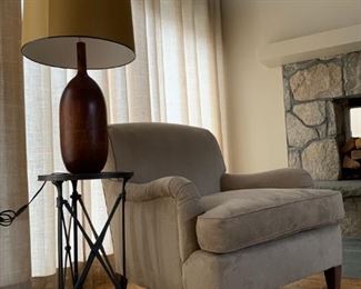 Suede Armchair and Ottoman, Metal Stand, Turned Wood Lamp