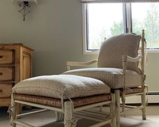 Rush Seat Armchair and Ottoman with Distressed Finish
