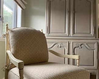 Rush Seat Armchair and Ottoman with Distressed Finish, Baker Furniture Armoire