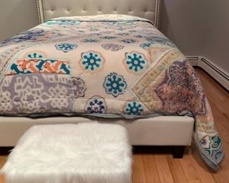 Tufted Headboard with Platform Bed from Safavieh with Nail Head Detail, Faux Fur Ottoman