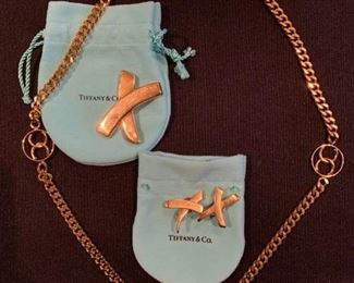 Chanel Necklace with Interlocking "C's", Tiffany 18K Matching Pin and Earrings Set