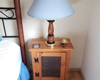 Two Side Tables with Pie Inserts and Wood Pole Lamps