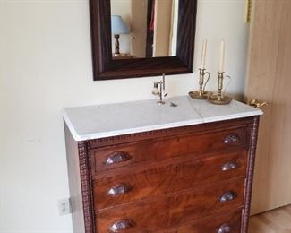 Antique Marble Top Chest. Mirror.