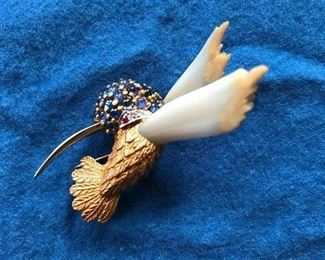 Stunning 18K  Hummingbird Pin with Platinum Beak,Ruby, Sapphires, Diamonds, and Mother of Pearl 