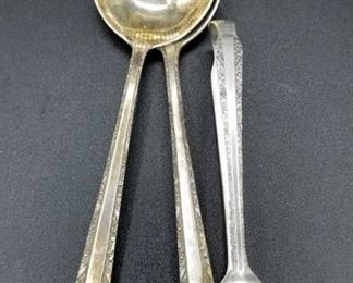 Sterling Set of 2 soup spoons and tongs