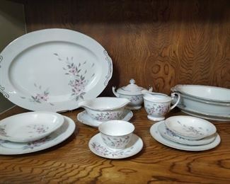 Lynnbrook China Set: platter; serving bowls; dinner, lunch and dessert plates; soup/salad and dessert bowls; cups and saucers; sugar bowl, creamer and turine