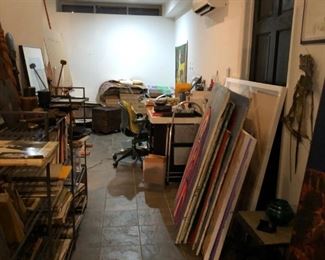 artist tools, paints, large new canvas, pair of  shadow puppets, easel, drafting table