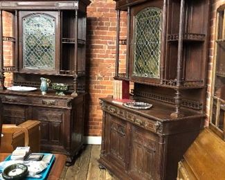 Pair of Large oak Hunt Cabintest with leaded stain glass circa 1900
