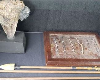 Rick Cain Buffalo Figure (1992) #865 of 2000, Framed Barbed Wire, 3 Vintage Native American Spears. https://ctbids.com/#!/description/share/314418