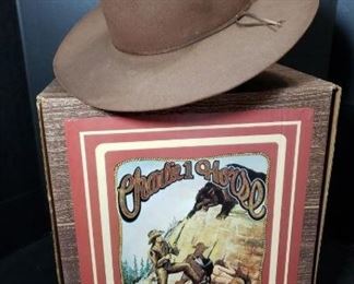 Brown Miller Hat Size 7 1/8 measures Length 15 inches, Height 6 inches and Width 13 1/2 inches. Includes Charlie Horse Hat Box.  https://ctbids.com/#!/description/share/314488