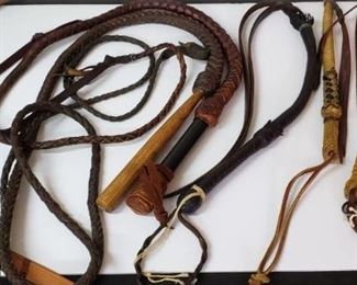 Bull Whip, Crop Whip, and Quirt Whips. Six individual items. One of the quirt whips has horse hair on it. https://ctbids.com/#!/description/share/314538