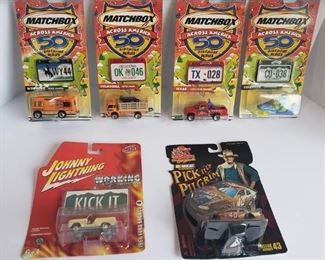 Matchbox Car States: Wyoming, Oklahoma, Texas, Colorado. John Wayne NASCAR "Pick It Up Pilgrim" car. Johnny Lightning 1966 Ford Bronco. https://ctbids.com/#!/description/share/314386