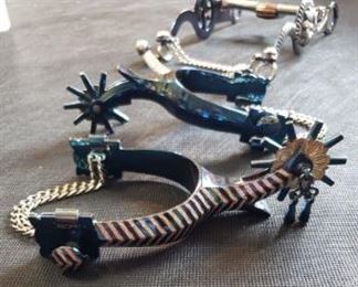 BC Mexico Roller Bit and Spur Set. Beautiful blue steel and silver BC bit and spur set. (BC Silversmiths out of Mexico) Comes with protective cloth pouches. https://ctbids.com/#!/description/share/314525