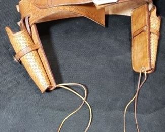 Leather Double Gun Holster Belt with Silver Buckle. Measures Length 44 inches and Height 11 inches.  https://ctbids.com/?site=1#!/description/share/314517